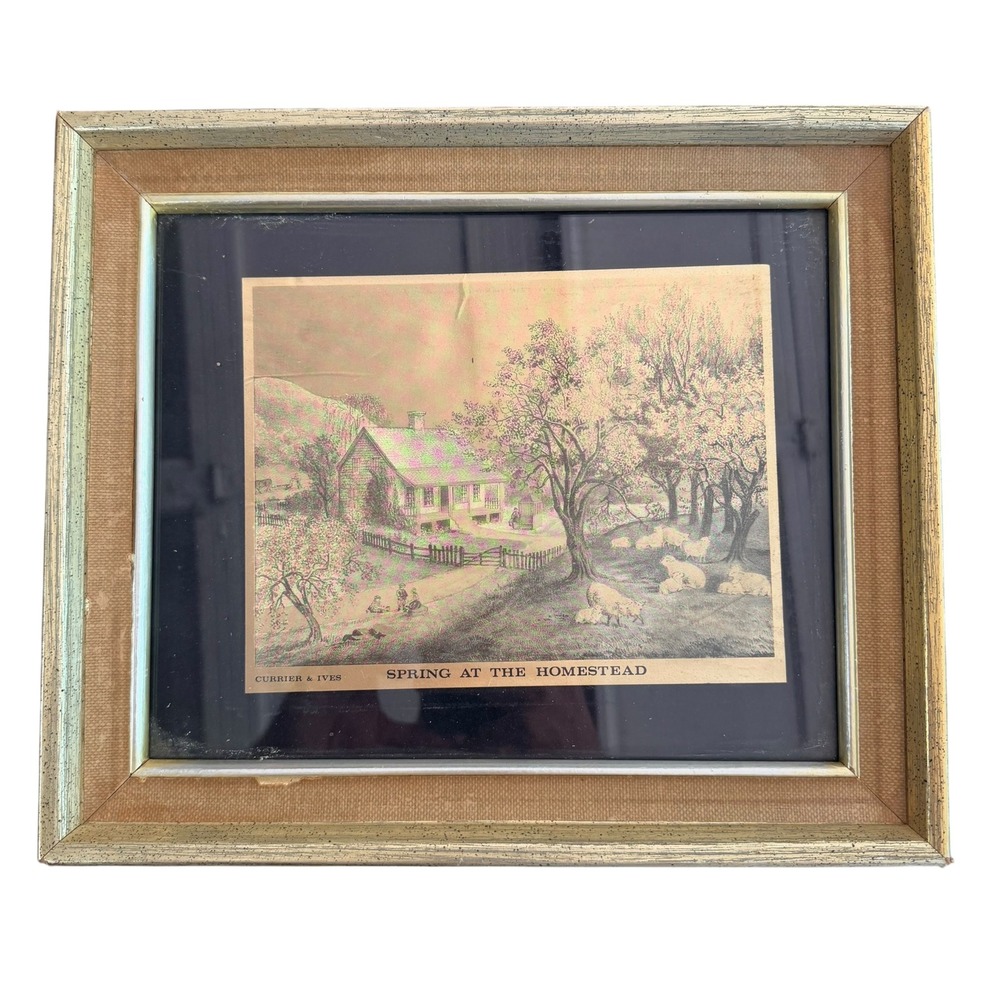 Currier & Ives Spring at the Homestead Vintage Framed Art Print Wood Glass 12x11